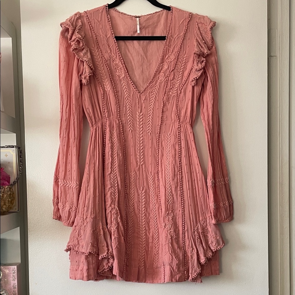 Free People|Boho Vintage Inspired Pink Embroidered Dress|Size 6|EUC